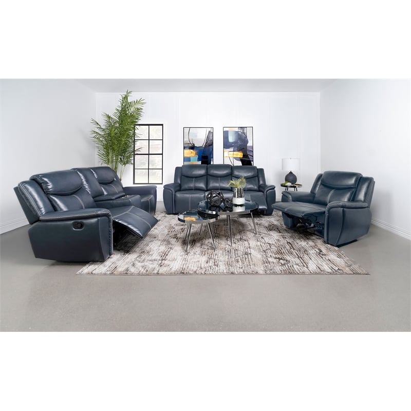 Pemberly Row 3-Piece Faux Leather Reclining Sofa and Recliner Set in Blue