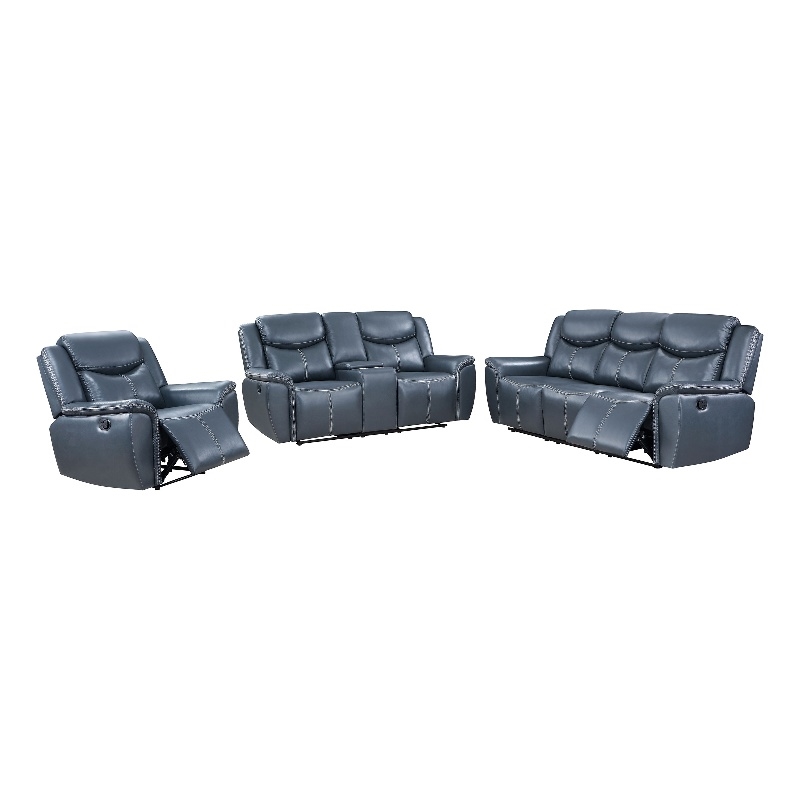 Pemberly Row 3-Piece Faux Leather Reclining Sofa and Recliner Set in Blue