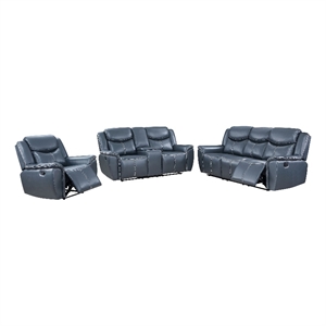 Pemberly Row 3-Piece Faux Leather Reclining Sofa and Recliner Set in Blue