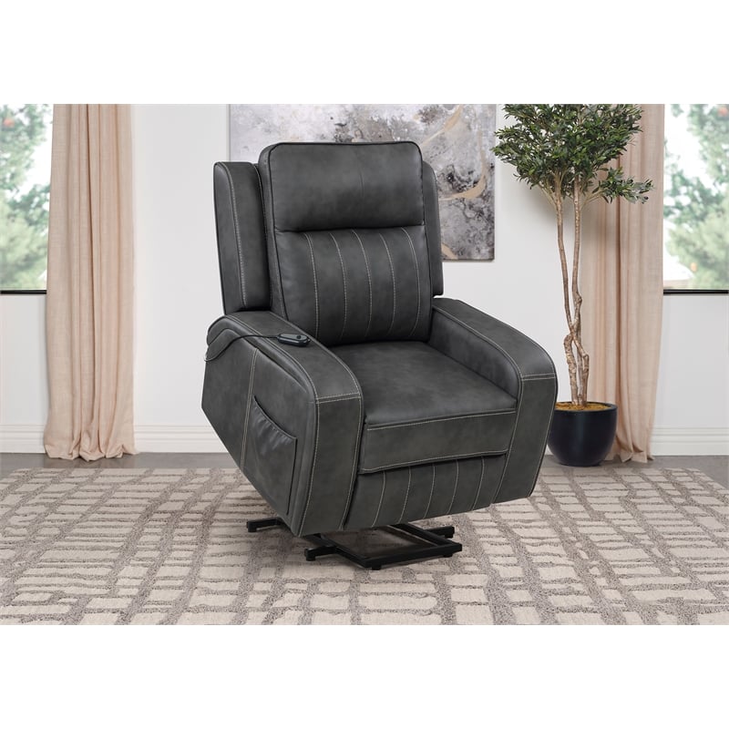 Pemberly Row Leatherette Upholstered Power Lift Recliner Chair in Grey
