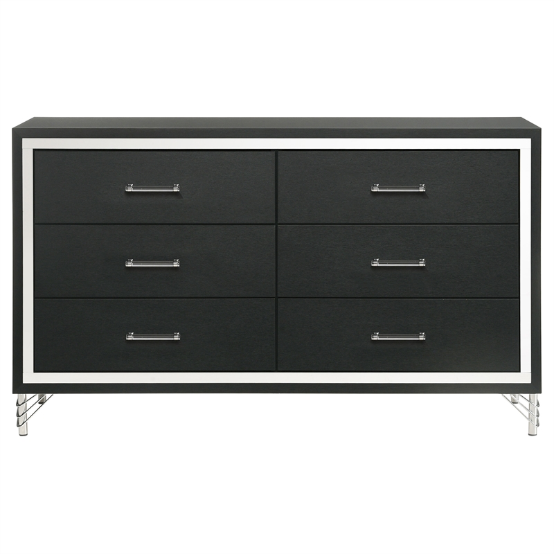 Pemberly Row Modern 6-Drawer Dresser Cabinet with Chrome Trim in Black