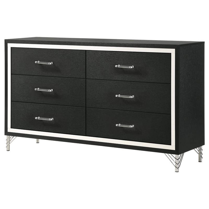 Pemberly Row Modern 6-Drawer Dresser Cabinet with Chrome Trim in Black