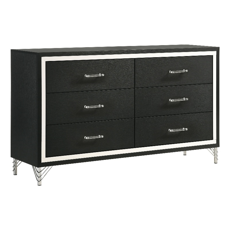 Pemberly Row Modern 6-Drawer Dresser Cabinet with Chrome Trim in Black