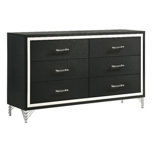 Pemberly Row Modern 6-Drawer Dresser Cabinet with Chrome Trim in Black
