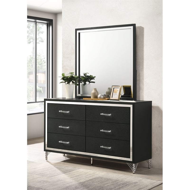 Pemberly Row Modern 6-Drawer Dresser and Mirror with Chrome Trim in Black