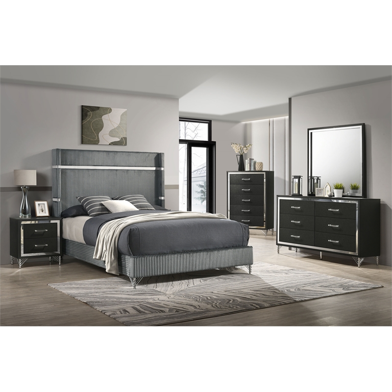 Pemberly Row Modern 6-Drawer Dresser and Mirror with Chrome Trim in Black