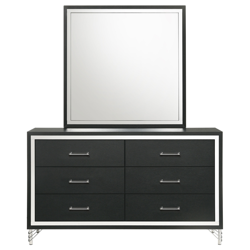 Pemberly Row Modern 6-Drawer Dresser and Mirror with Chrome Trim in Black