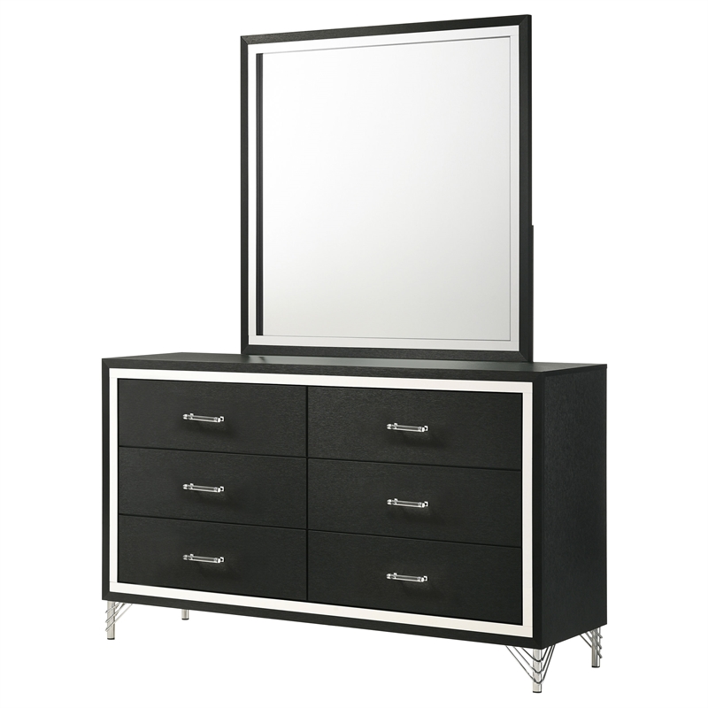 Pemberly Row Modern 6-Drawer Dresser and Mirror with Chrome Trim in Black