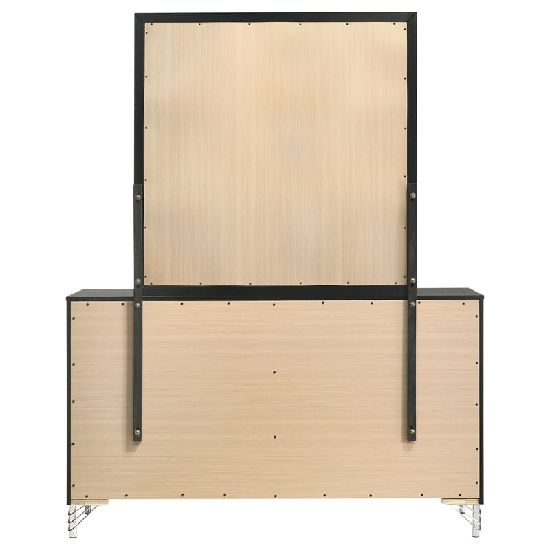 Pemberly Row Modern 6-Drawer Dresser and Mirror with Chrome Trim in Black