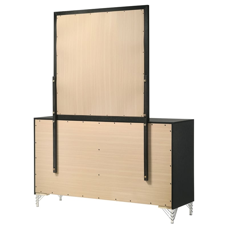 Pemberly Row Modern 6-Drawer Dresser and Mirror with Chrome Trim in Black