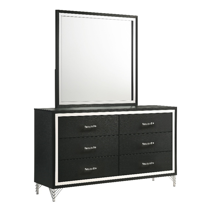 Pemberly Row Modern 6-Drawer Dresser and Mirror with Chrome Trim in Black
