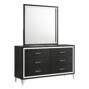Pemberly Row Modern 6-Drawer Dresser and Mirror with Chrome Trim in Black