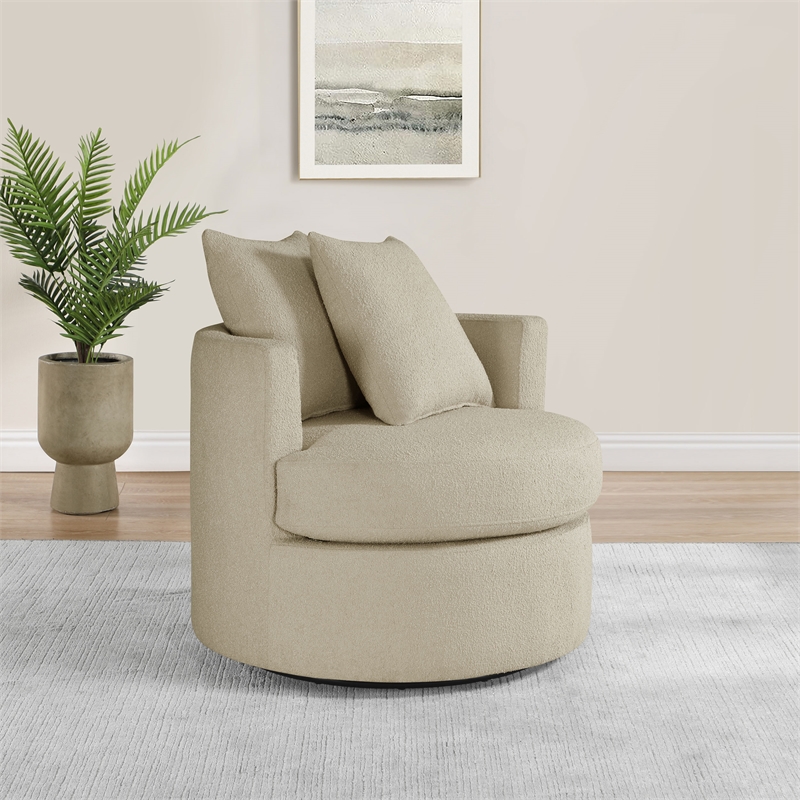 Pemberly Row Upholstered Round Swivel Accent Chair with Pillows in Camel