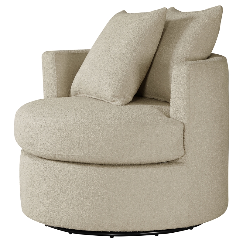 Pemberly Row Upholstered Round Swivel Accent Chair with Pillows in Camel