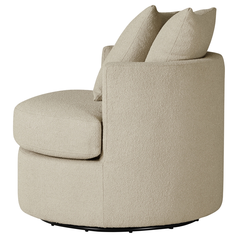 Pemberly Row Upholstered Round Swivel Accent Chair with Pillows in Camel