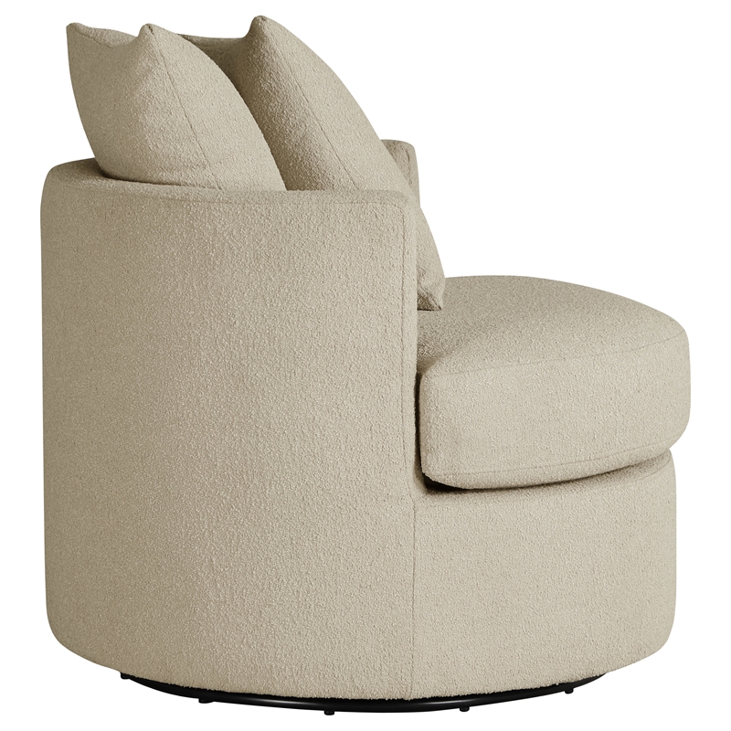 Pemberly Row Upholstered Round Swivel Accent Chair with Pillows in Camel