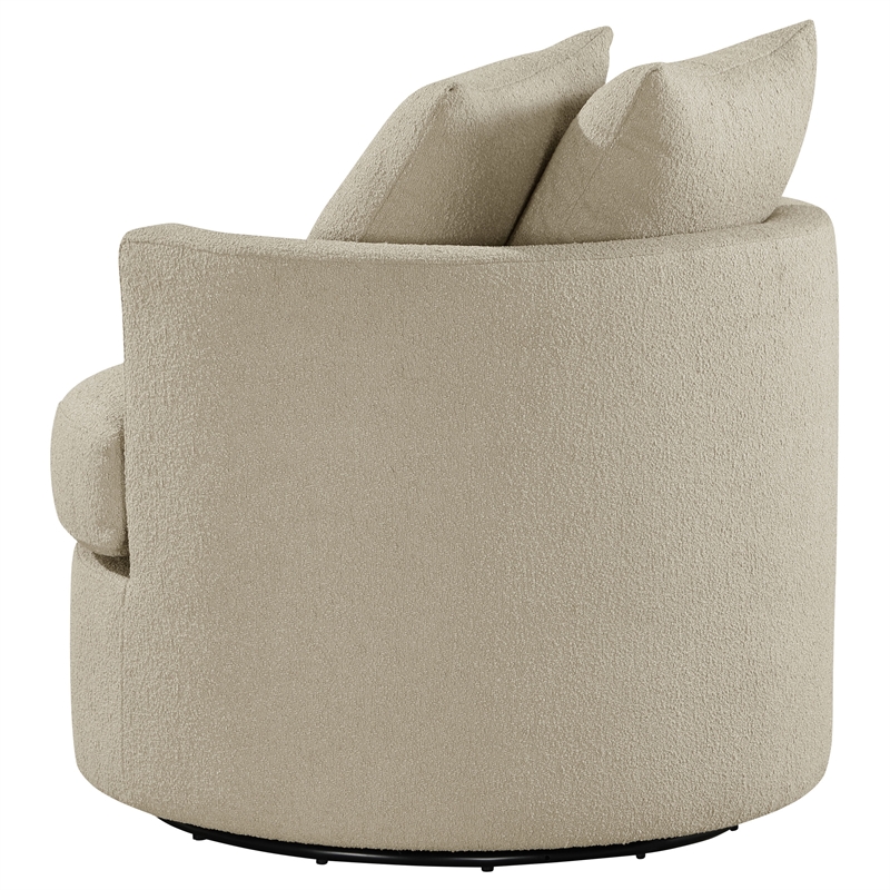 Pemberly Row Upholstered Round Swivel Accent Chair with Pillows in Camel