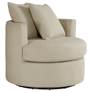 Pemberly Row Upholstered Round Swivel Accent Chair with Pillows in Camel