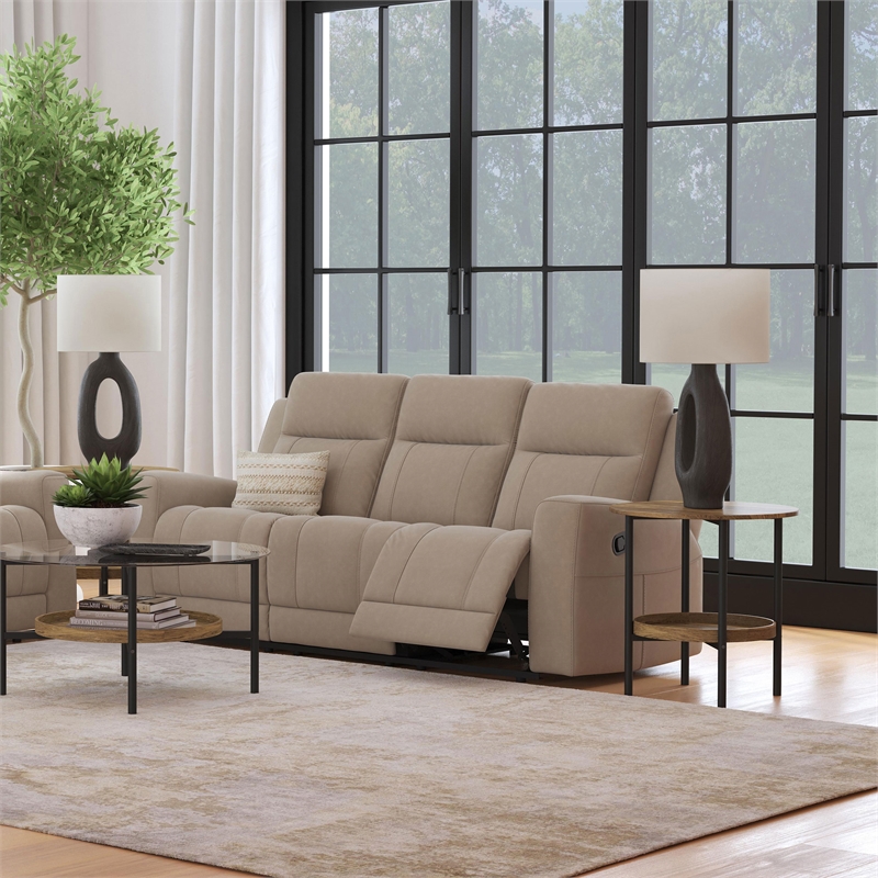 Pemberly Row Upholstered Motion Reclining Sofa with 2 Recliners in Taupe