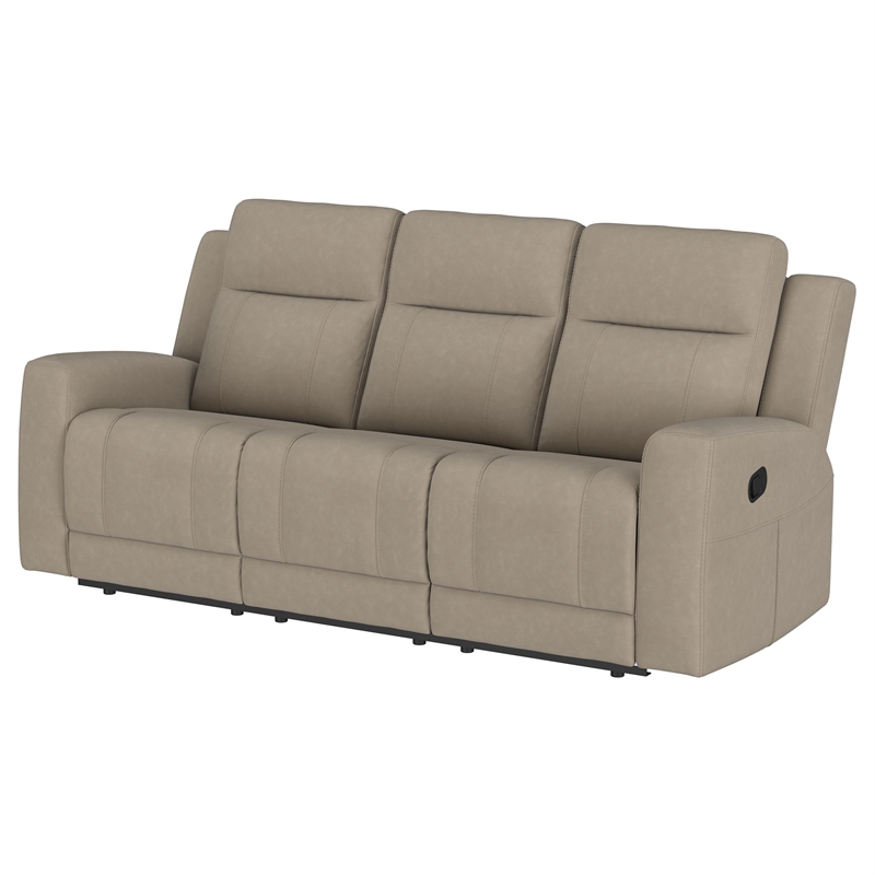 Pemberly Row Upholstered Motion Reclining Sofa with 2 Recliners in Taupe