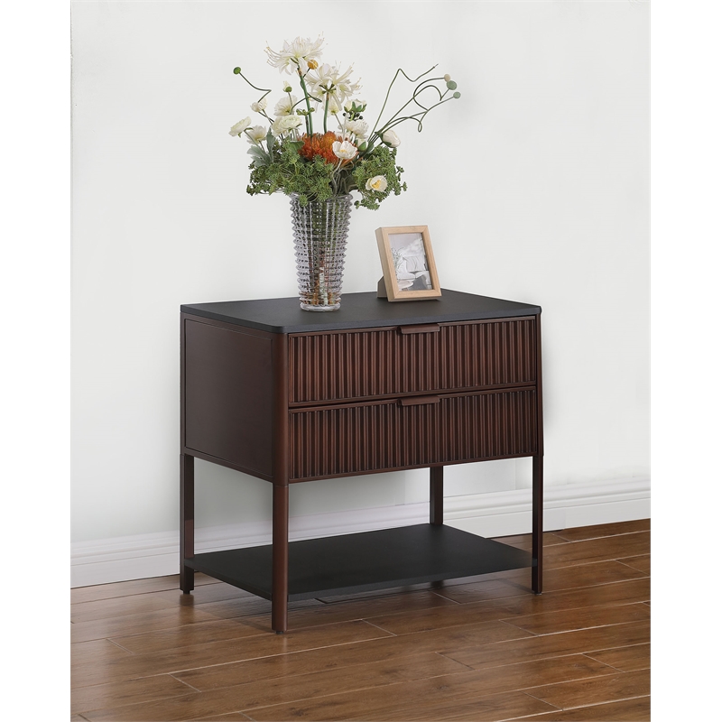 Pemberly Row 2-Drawer Fluted Side Table with Open Shelf in Rust Brown