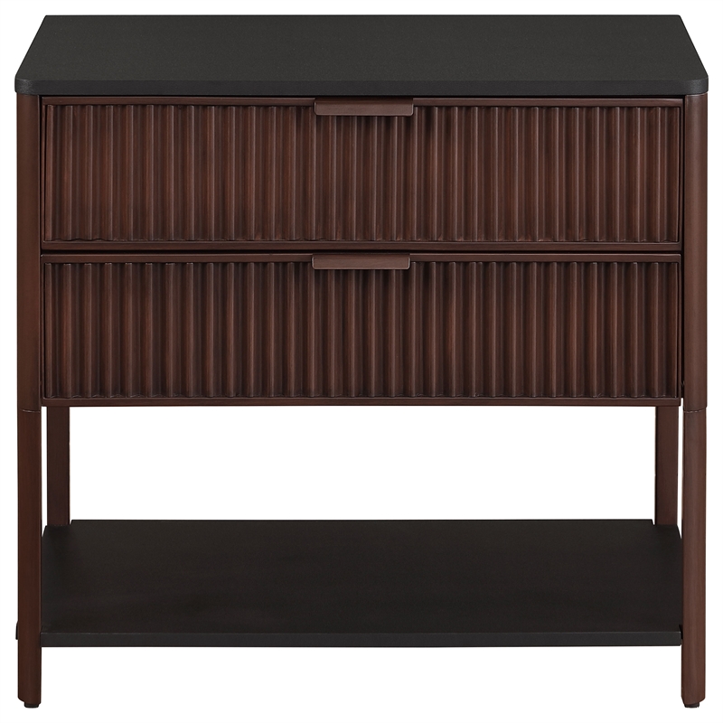 Pemberly Row 2-Drawer Fluted Side Table with Open Shelf in Rust Brown