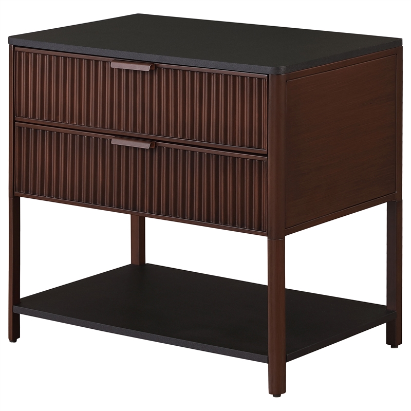 Pemberly Row 2-Drawer Fluted Side Table with Open Shelf in Rust Brown