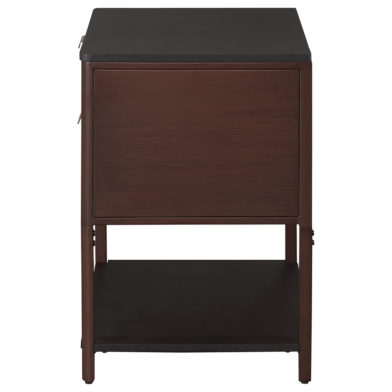 Pemberly Row 2-Drawer Fluted Side Table with Open Shelf in Rust Brown