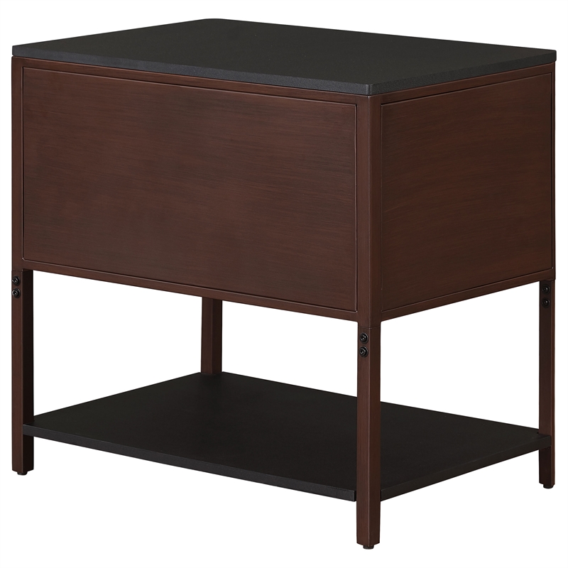 Pemberly Row 2-Drawer Fluted Side Table with Open Shelf in Rust Brown