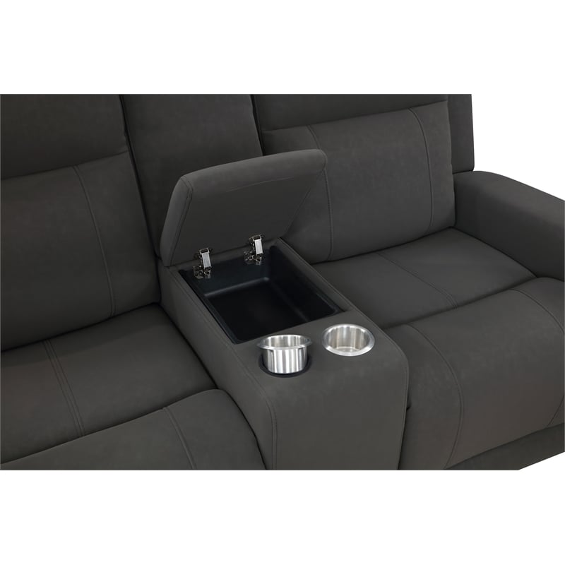 Pemberly Row Upholstered Reclining Loveseat with Console in Dark Charcoal