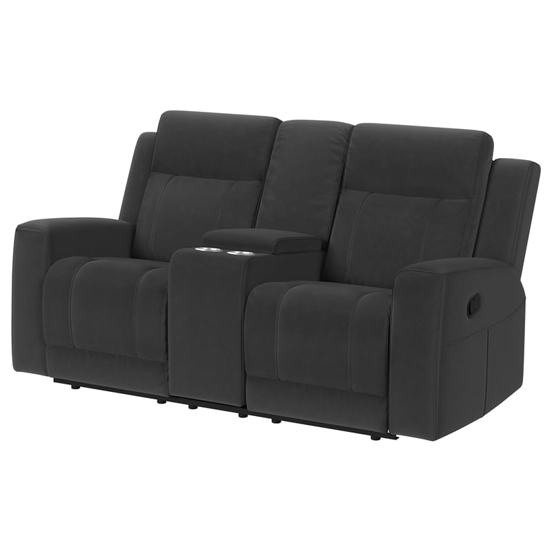 Pemberly Row Upholstered Reclining Loveseat with Console in Dark Charcoal