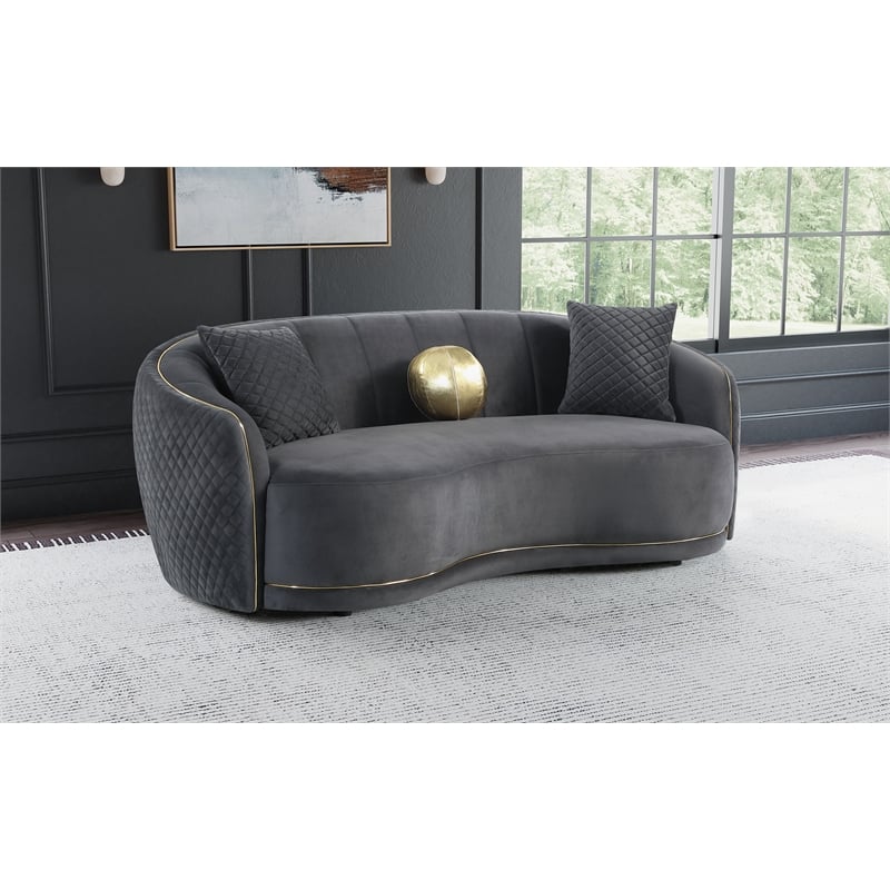 Pemberly Row Velvet Upholstered Curved Sofa with Gold Trim in Dark Grey
