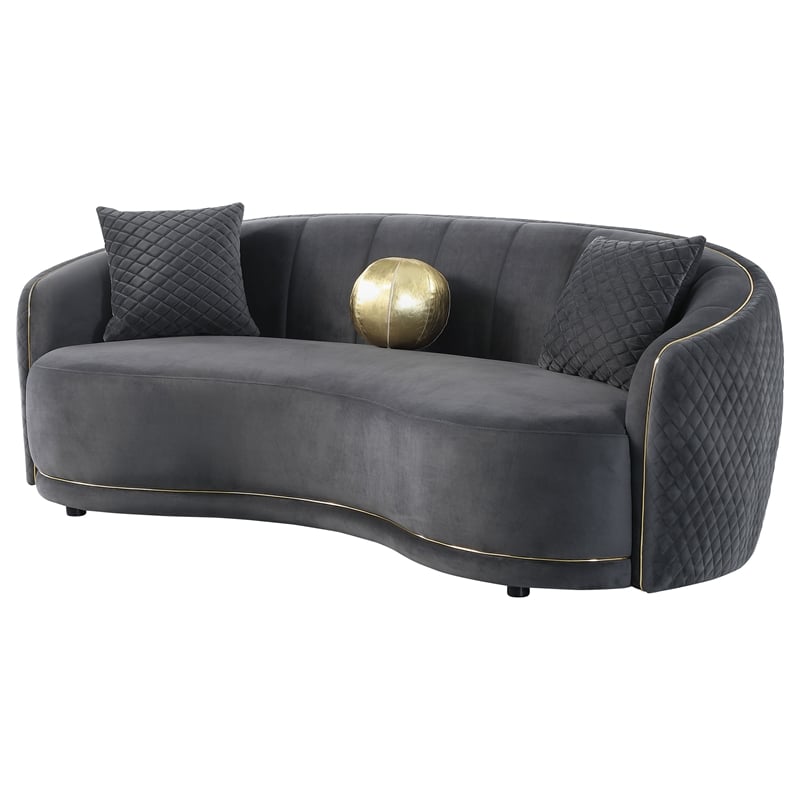 Pemberly Row Velvet Upholstered Curved Sofa with Gold Trim in Dark Grey
