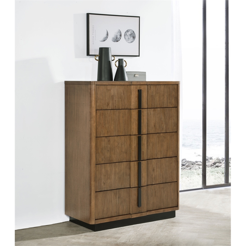 Pemberly Row 5-Drawer Fluted Wood Chest of Drawers in Ash Brown