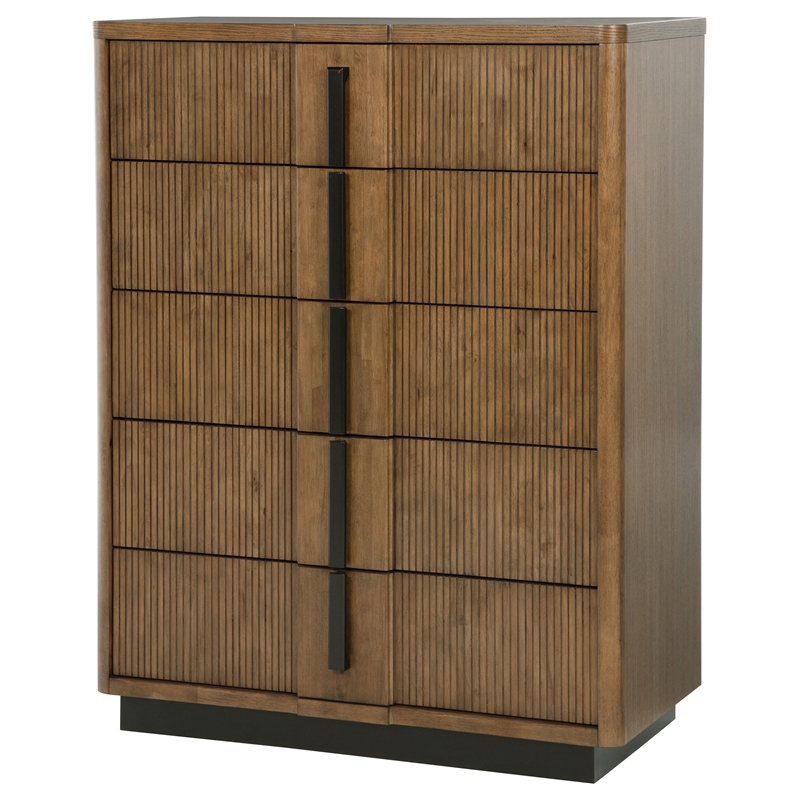 Pemberly Row 5-Drawer Fluted Wood Chest of Drawers in Ash Brown