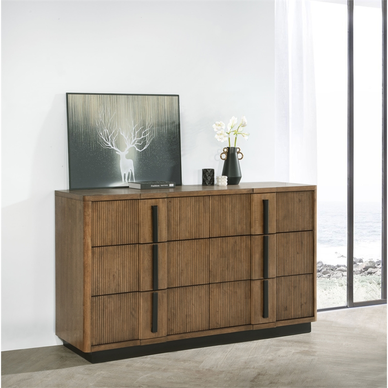 Pemberly Row 6-Drawer Fluted Wood Dresser Cabinet in Ash Brown