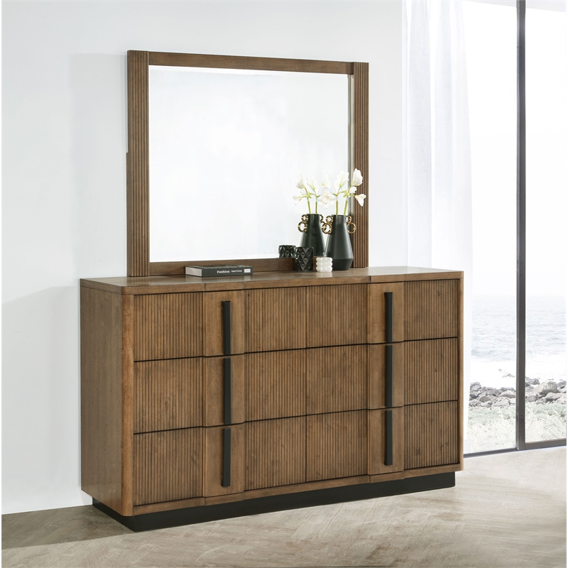 Pemberly Row 6-Drawer Fluted Dresser and Mirror in Ash Brown