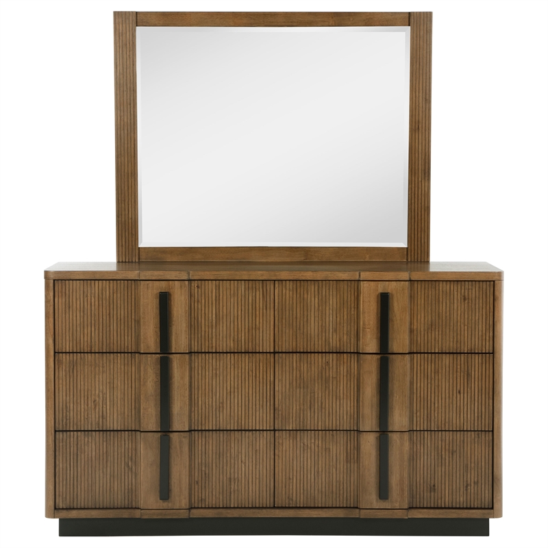 Pemberly Row 6-Drawer Fluted Dresser and Mirror in Ash Brown