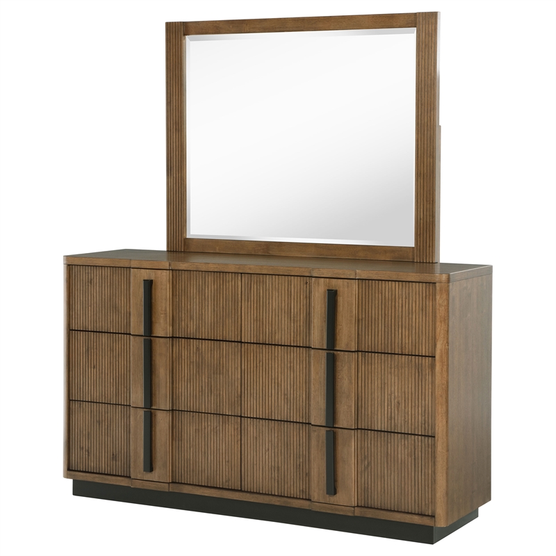 Pemberly Row 6-Drawer Fluted Dresser and Mirror in Ash Brown