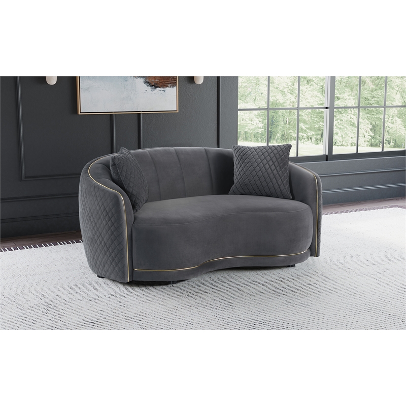 Pemberly Row Velvet Curved Loveseat with Gold Trim in Dark Grey