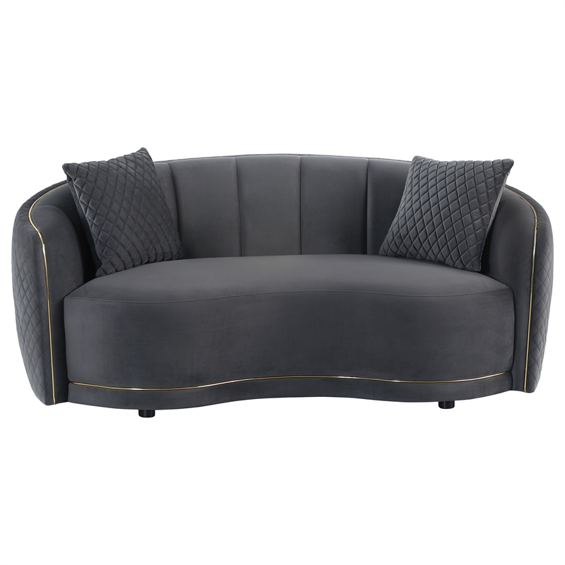 Pemberly Row Velvet Curved Loveseat with Gold Trim in Dark Grey