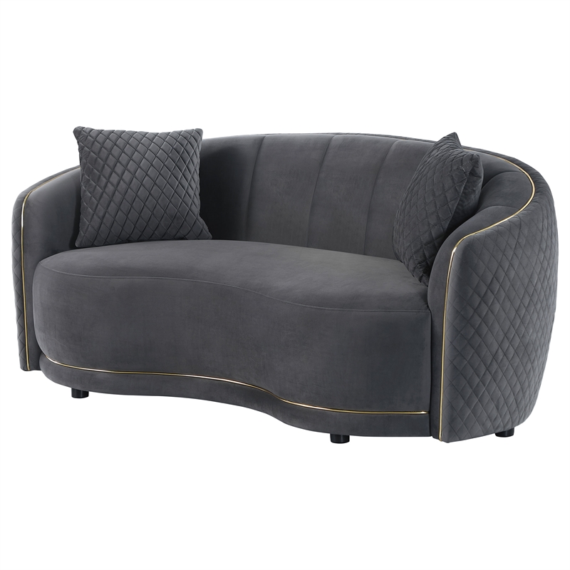 Pemberly Row Velvet Curved Loveseat with Gold Trim in Dark Grey