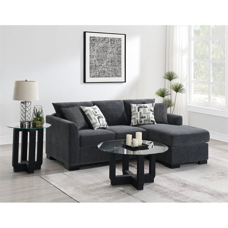 Pemberly Row Upholstered Sleeper Sectional Chaise Sofa in Dark Grey