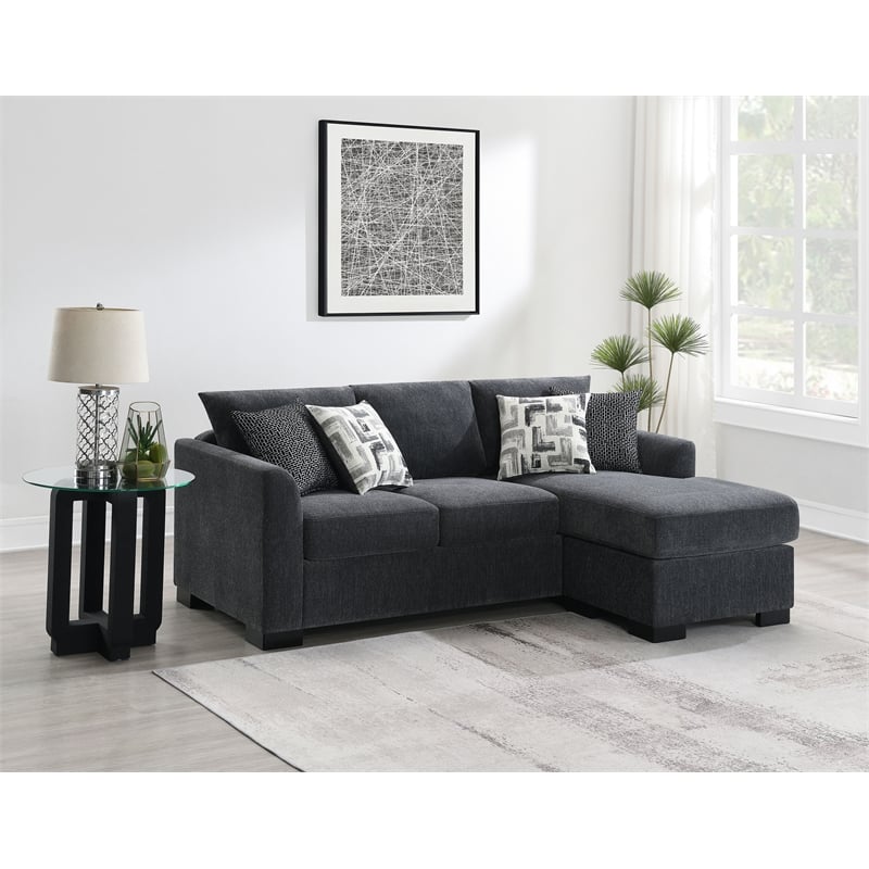 Pemberly Row Upholstered Sleeper Sectional Chaise Sofa in Dark Grey