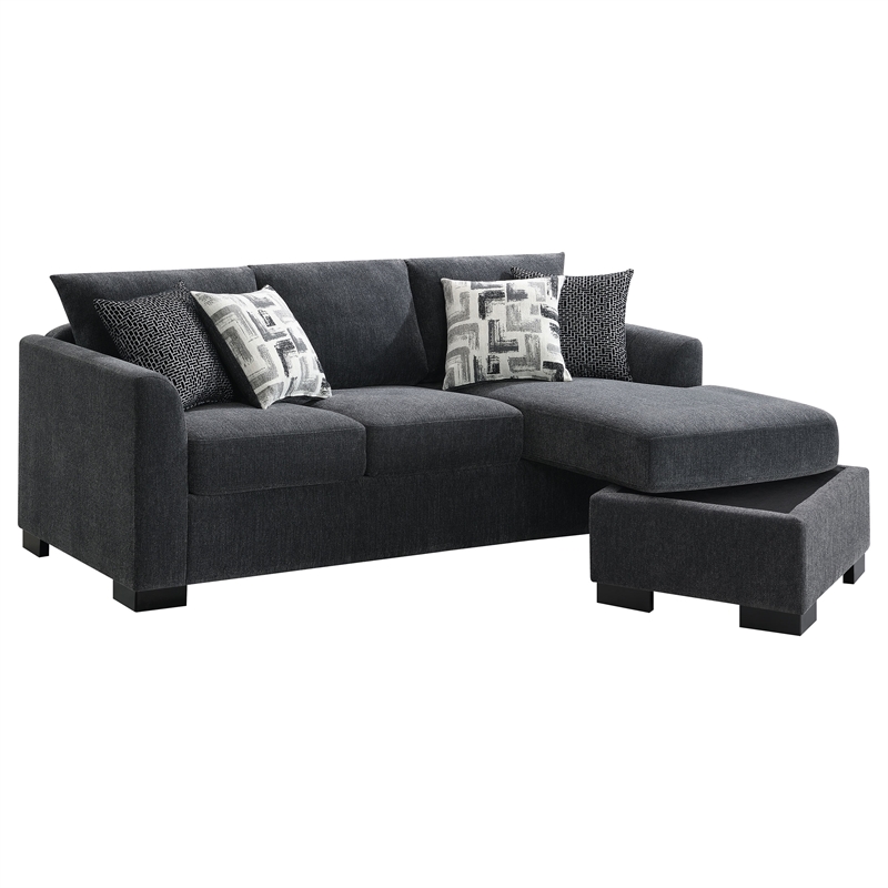 Pemberly Row Upholstered Sleeper Sectional Chaise Sofa in Dark Grey
