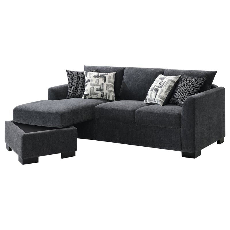 Pemberly Row Upholstered Sleeper Sectional Chaise Sofa in Dark Grey