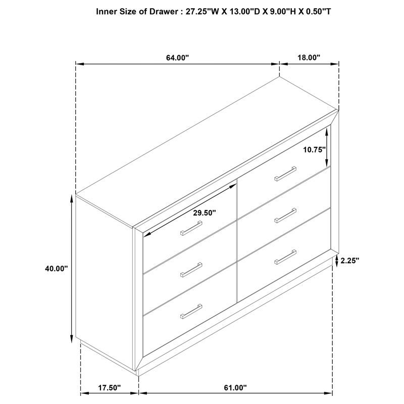 Pemberly Row 6-drawer Dresser with Chrome Bar Pulls in Barley Brown