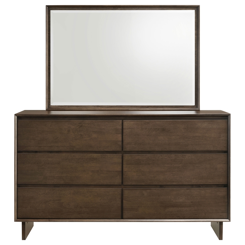 Pemberly Row 6-drawer Dresser and Beveled Mirror Set in Warm Brown