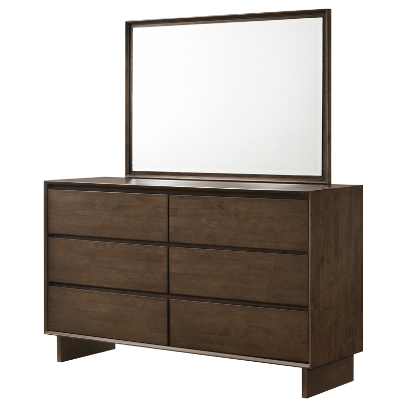 Pemberly Row 6-drawer Dresser and Beveled Mirror Set in Warm Brown