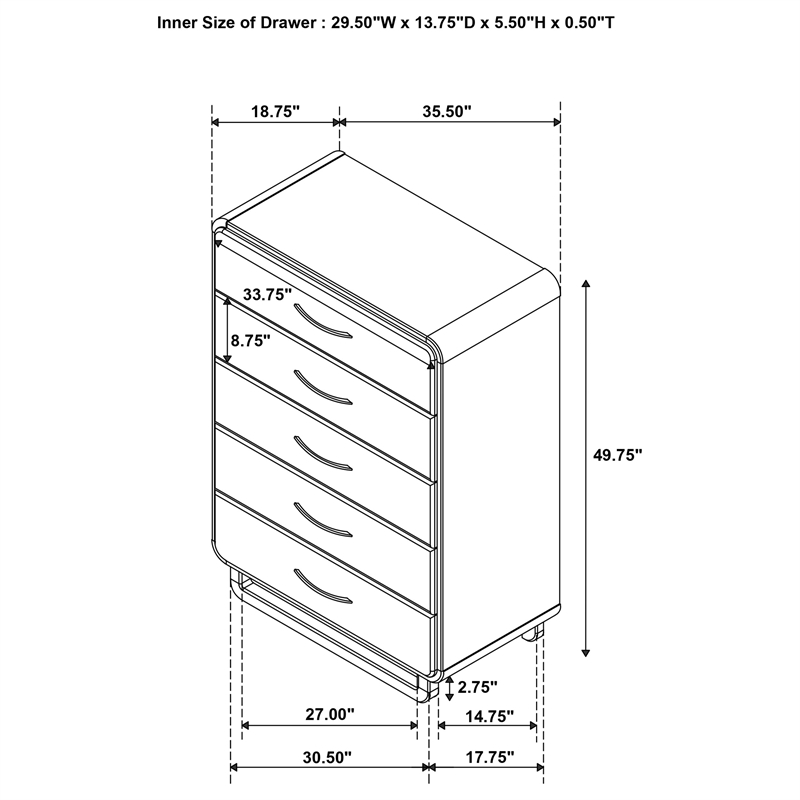 Pemberly Row Solid Rubberwood 5-drawer Chest of Drawers in Nutmeg